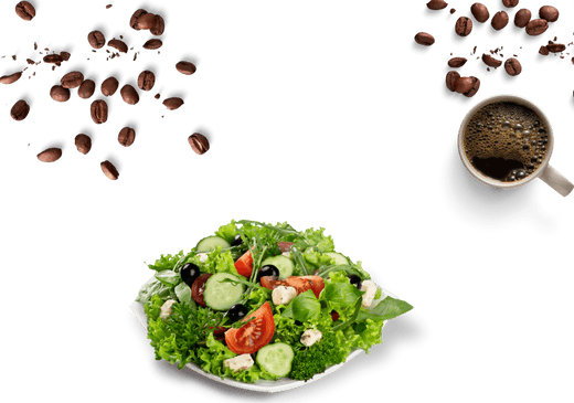 Colorful plate of fresh vegetables including tomato, cucumber, broccoli, green leaves, and mushrooms, with a cup of espresso and coffee beans in background