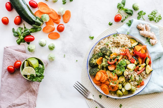 Healthy rice bowl with mixed vegetables, legumes, and protein-rich toppings